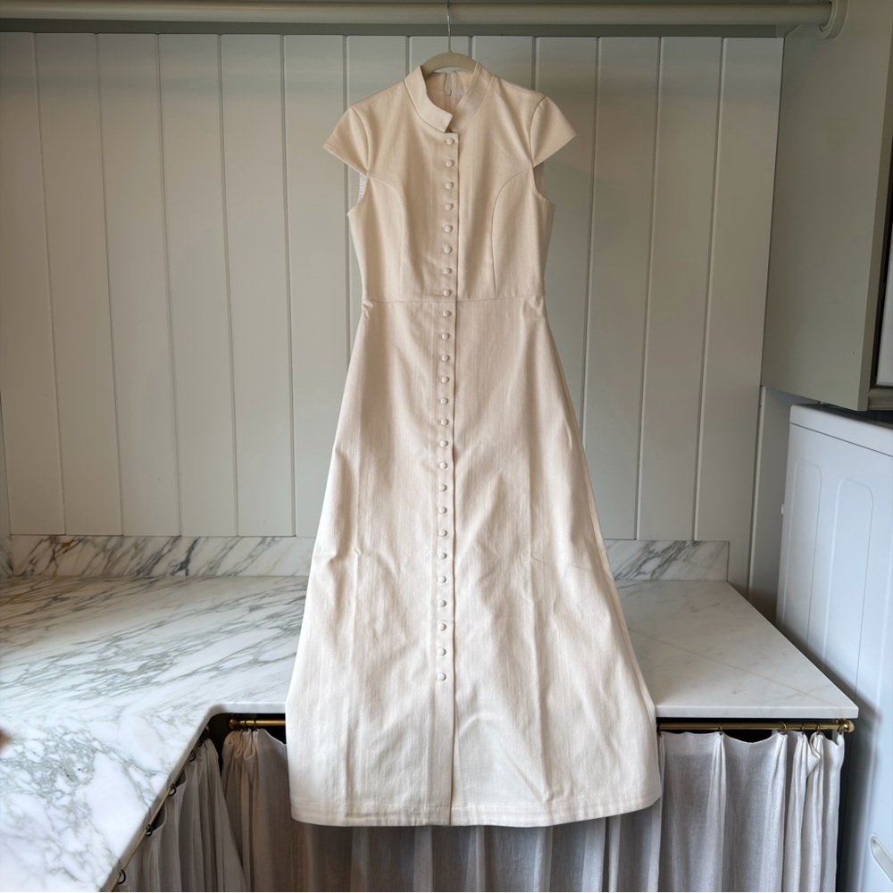 Button-Front Cream Maxi Dress with Cap Sleeves